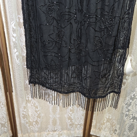 Elegant Black Hand Beaded Shawl with Fringe-1A - Picture 6 of 7